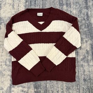 Pink Rose V-Neck Sweater in Burgundy and White